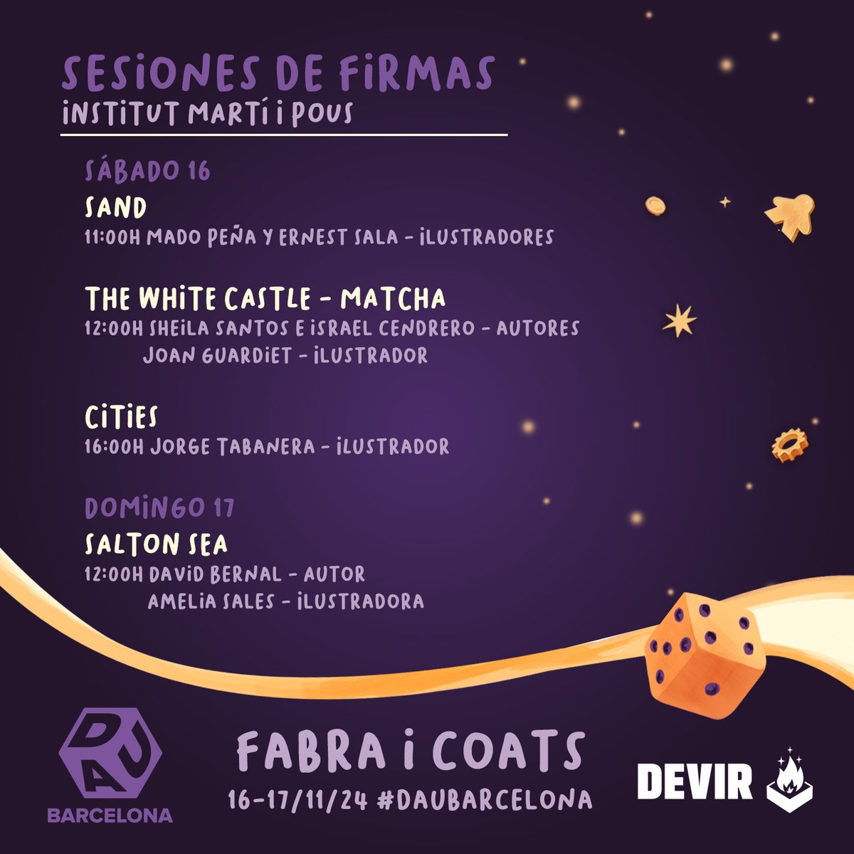 Este finde os esperamos en la zona de firmas del <a href="/festivalDAU/">Festival DAU Barcelona</a>, pero no sólo nosotros, estos autores e ilustradores de lujo también 🤩

¿Te pasarás? ¿Qué juego quieres tener dedicado?✍🏼​🎨​

#daubarcelona