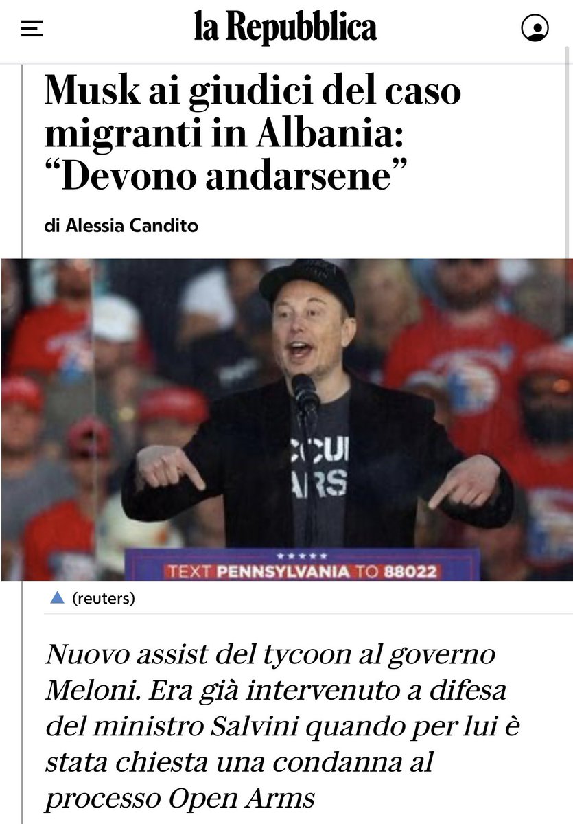 riccardomagi's tweet photo. Chissà se i patrioti Meloni e Salvini difenderanno la sovranità italiana dalle ingerenze del miliardario americano Elon Musk che chiede ai giudici di un Paese sovrano di andarsene. 

Perchè Musk non si fa gli affari suoi? Forse pensa di intimidire i giudici italiani, ma l’Italia non è ancora l’Ungheria né la Russia di Putin, né tantomeno gli Usa di Trump con la giustizia assoggettata al potere politico.