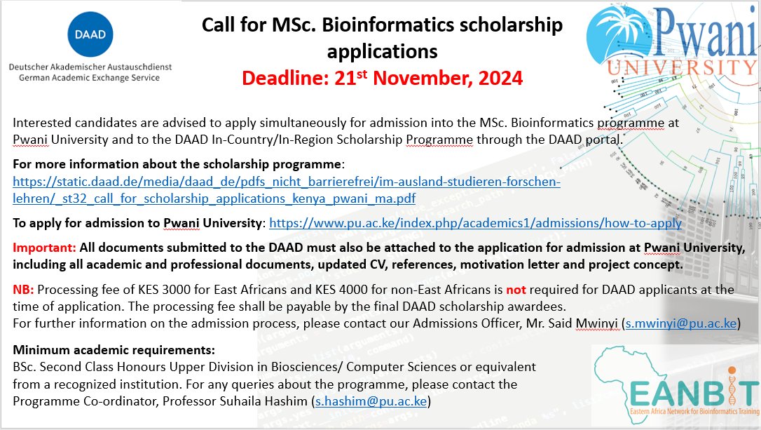 Call for MSc. Bioinformatics scholarship applications
Deadline: 21st November, 2024
Candidates are advised to apply simultaneously for admission into the MSc. Bioinformatics programme at Pwani University and to  DAAD In-Country/In-Region Scholarship  through the DAAD portal.