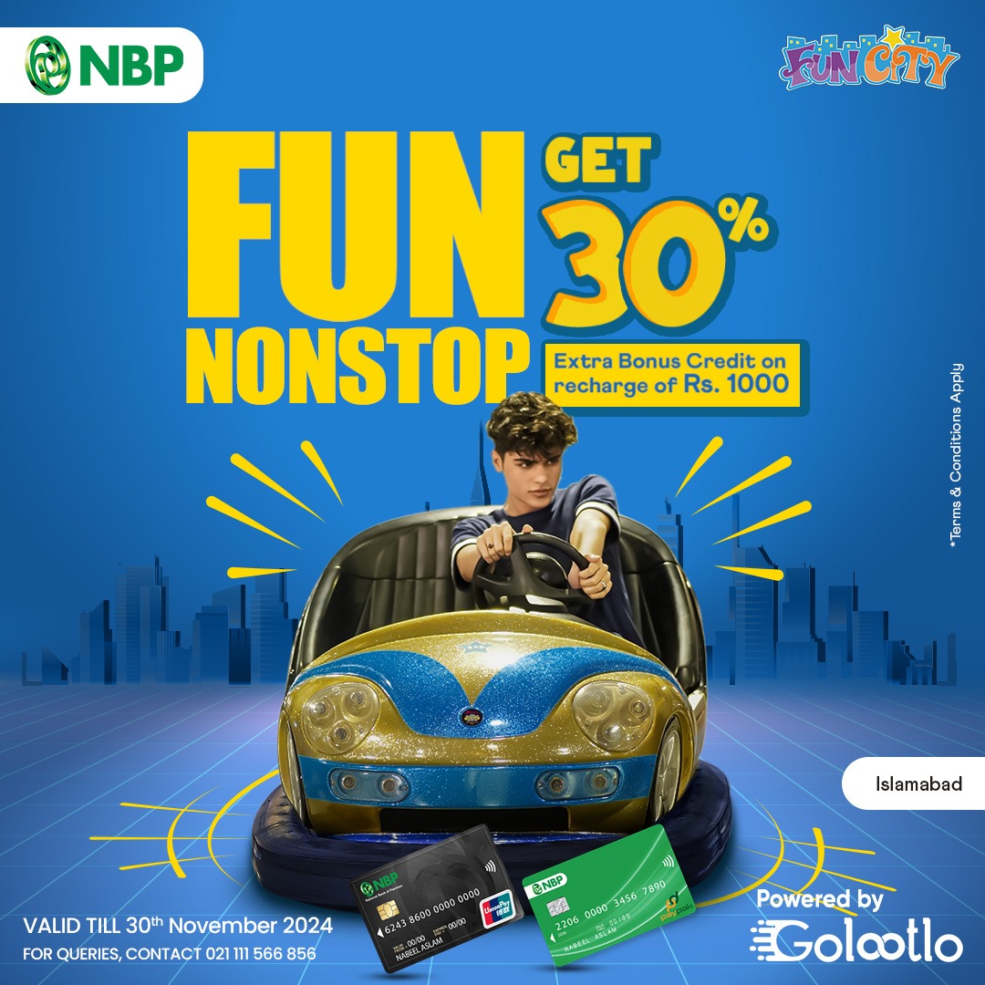 TheNBPak's tweet photo. Fun Nonstop! Get 30% and extra bonus credit on recharge of Rs. 1000 at FunCity with NBP Debit Cards.
Valid till 30th November 2024
Valid in Islamabad only
*Terms and Conditions apply
#NBP #NationalBankofPakistan #TheNationsBank #Discounts #DebitCards #FunCity #Golootlo https://t.co/xIahzOH2fZ