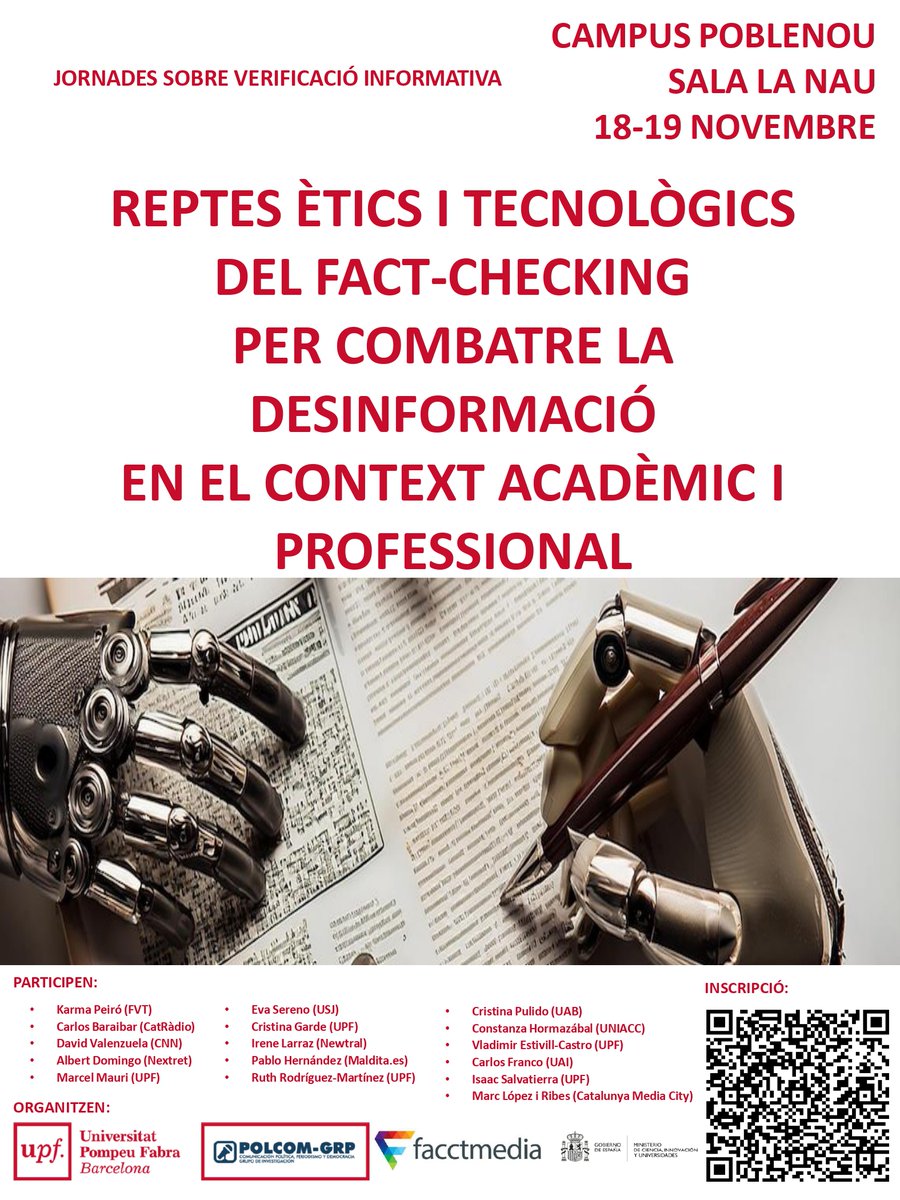 El projecte Facctmedia conclou cinc anys de recerca amb unes jornades sobre verificació informativa amb més de 15 experts dels mitjans de comunicació, acadèmia i educació

Us esperem!

🏢Sala La Nau (campus Poblenou)
🗓️18 i 19 novembre
👉Inscripció: bit.ly/3UQbZ5E