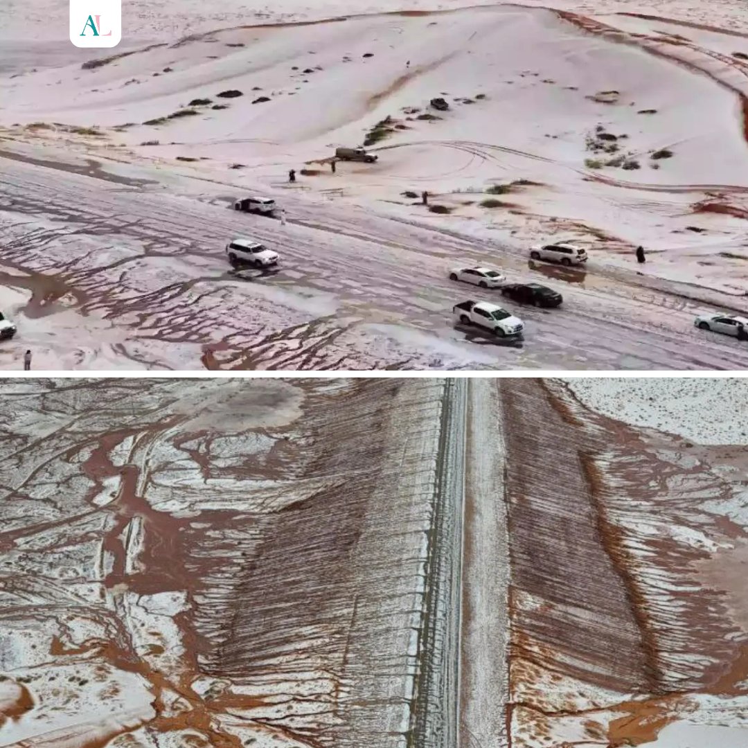 luxtrippers's tweet photo. ❄️ Saudi Arabia just experienced its first snowfall in the Al-Jawf region.❄️
Transforming the desert landscape into a winter wonderland. 🏂🏻
This rare event was accompanied by heavy rains and hail, creating a stunning scene with flowing waterfalls in the valleys. 🌧️
#SaudiSnow #AlJawf #DesertSnow #SaudiArabia #SnowatSaudi