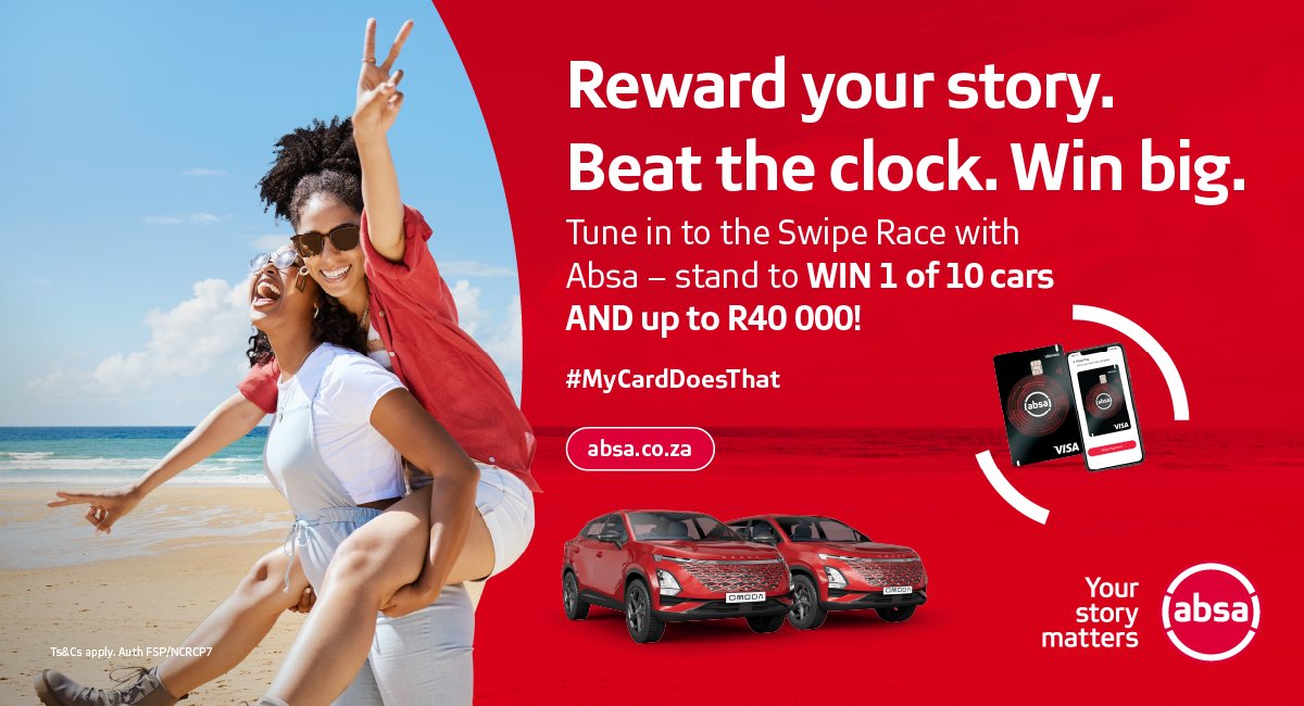 Ready to SWIPE for cash in the Swiper Vault by ABSA Rewards? Win your share of R200,000! ABSA Rewards members can also win an OMODA C5 + 6 months’ free insurance!

WhatsApp #ABSAREWARDS to 087 240 6456 to enter by Dec 11th

#SwiperVault #ABSARewards. Your story matters. ABSA.
#Ad