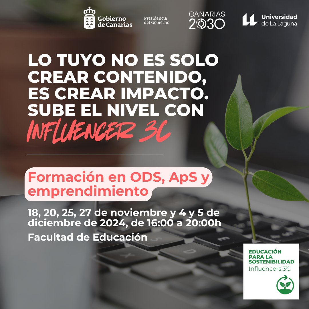 🌍 ¿Tienes entre 16 y 25 años? ¿Quieres mejorar tu entorno?

📚 Apúntate a esta formación relacionada con los #ODS.
🗓 18, 20, 25, 27 de noviembre, 4 y 5 de diciembre de 2024.
📍 16:00 a 20:00h en la Facultad de Educación de la <a href="/ULL/">Universidad de La Laguna</a>.

¡Inscríbete! 👉 i.mtr.cool/bbswdsdras
