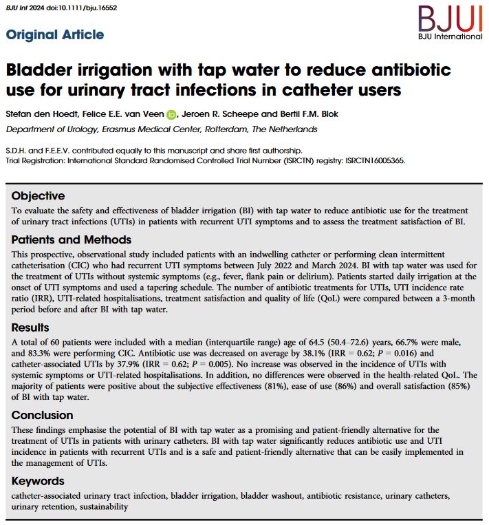 Exploring the potential of bladder irrigation with tap water as an effective
and patient-friendly alternative for UTI treatment in catheter users.
#UTI #AntibioticResistance #SustainableHealthcare
doi.org/10.1111/bju.16…
