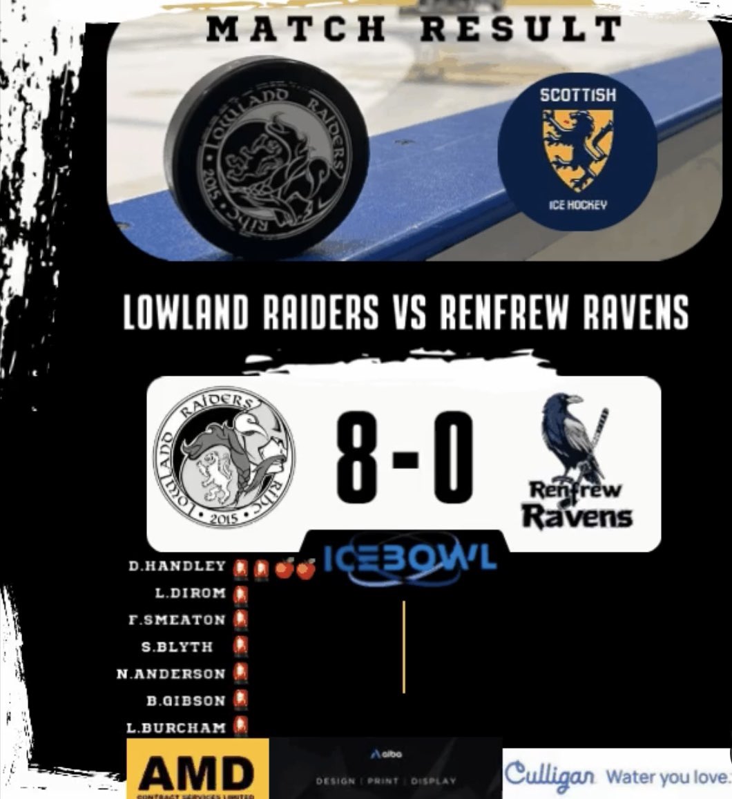 Hey all. Update on recent results! 

Game one of weekend past: Knockout Cup 1st round. Raiders vs Renfrew Ravens. Raiders won and go into the 2nd round. 

MOM: Rebecca Nicol 

Mentions 
🚧AMD Contract Services Ltd 
💧Culligan 
🖨️ Alba printers