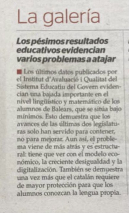 El nivel lingüístico (castellano y catalán) y matemático en Baleares está bajo mínimos, pero el problema es la persecución del catalán
Es nivell lingüístic (castellà i català) i matemàtic a Balears està sota mínims, però es problema és la persecució des català
#ConvivenciaBalear