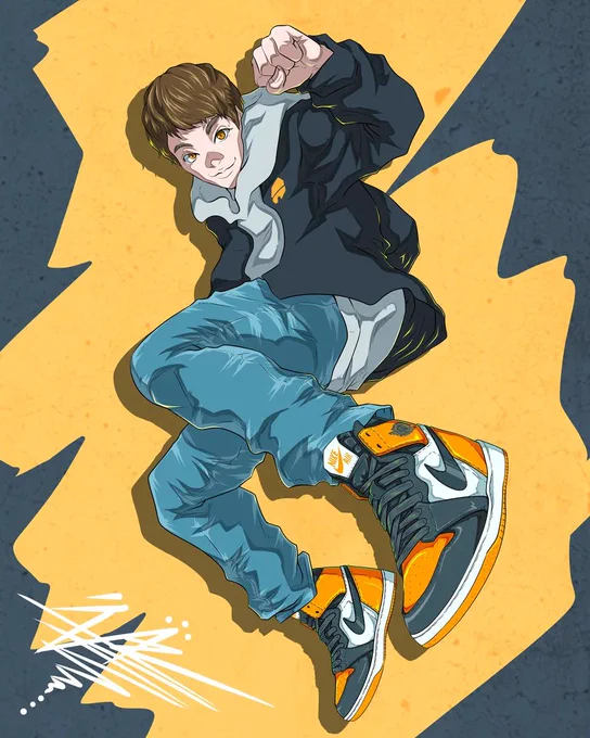 残り2枠【スニーカー×似顔絵】甥っ子様へのプレゼント用にご依頼頂き、AJ1シャタバにて描かせて頂きました( *'艸`)浮遊感のあるポーズは人気でよくご注文頂きますねありがたや～( '∀` )ご依頼はDMより受付中#似顔絵 #スニーカーイラスト 