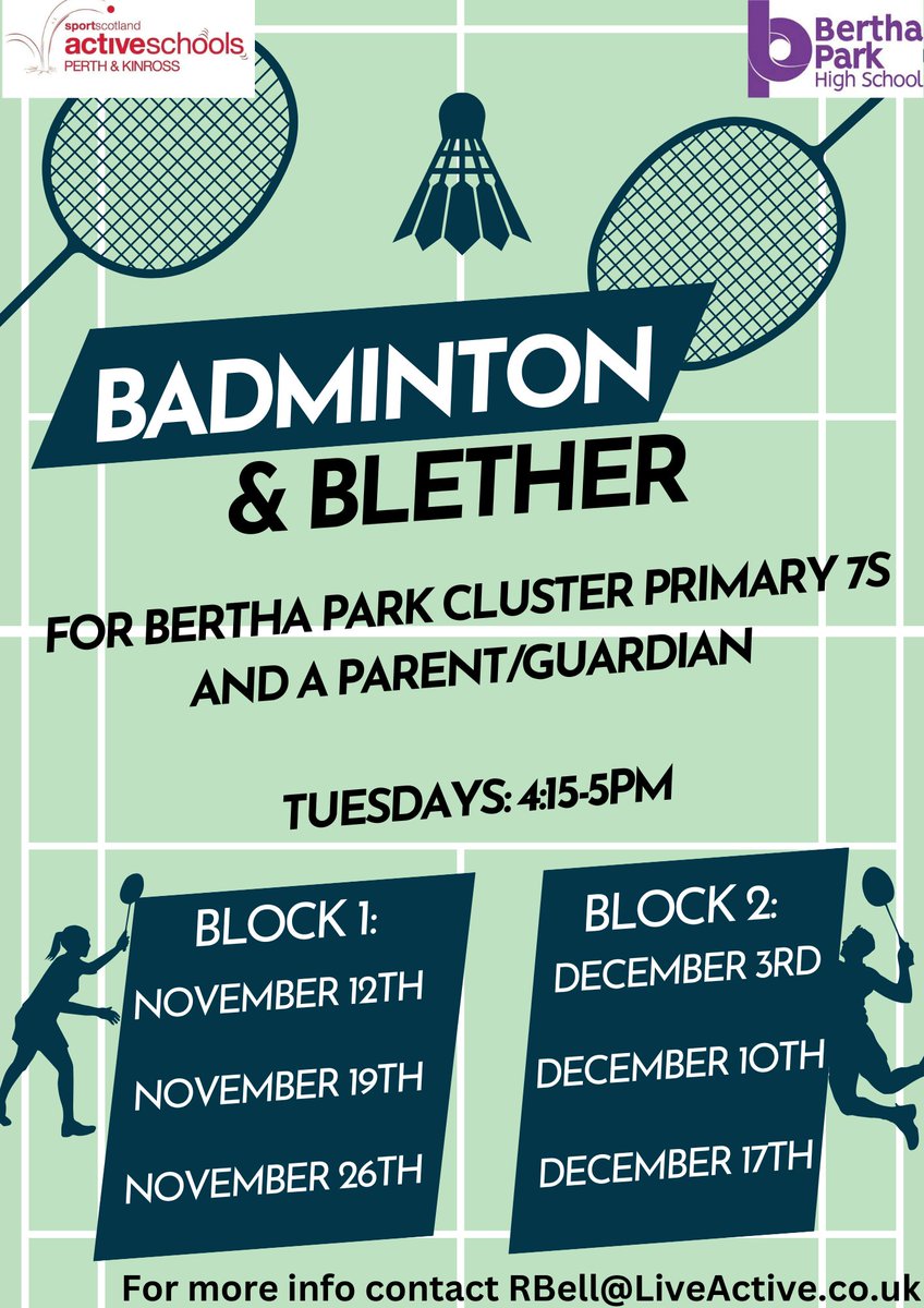 🚨New Club Alert🚨

Today is the first session of Badminton &amp; Blether for P7s in the Bertha Park Cluster to get to know pupils from other primary schools... if you'd like to sign up for future weeks speak to your school office or email RBell@liveactive.co.uk 🏸