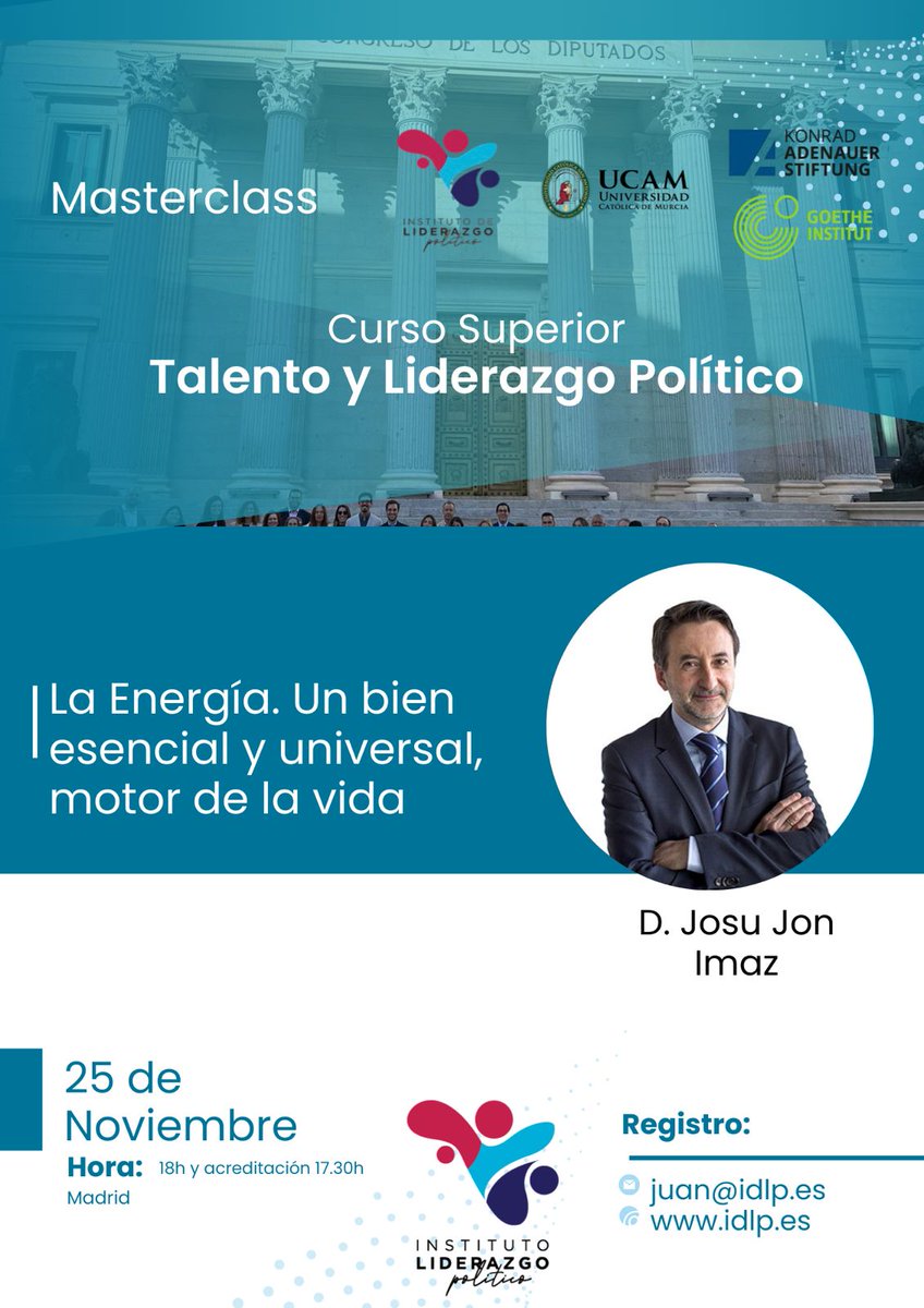 El próximo 25 de noviembre a las 16 horas contaremos con la masterclass del expresidente Mariano Rajoy Brey <a href="/marianorajoy/">Mariano Rajoy Brey</a> en el Goethe-Institut de Madrid. A continuación, Josu Jon Imaz nos hablará de la energía  como bien esencial y motor de vida. 

¡Regístrate hoy mismo!