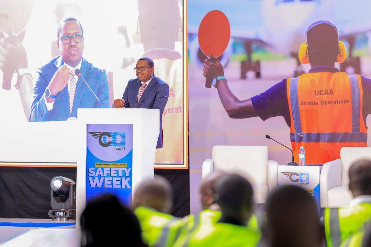 Entebbe Mayor <a href="/FabriceRulinda/">Fabrice Brad Rulinda</a> speaking at the Safety Week  <a href="/UgandaCAA/">Uganda CAA</a>, under the theme 'Safe Airports, Stronger Together,'  at Entebbe International Airport, while  reaffirming commitment to the cause and how he supports development of the aviation industry #SafetyWeek2024