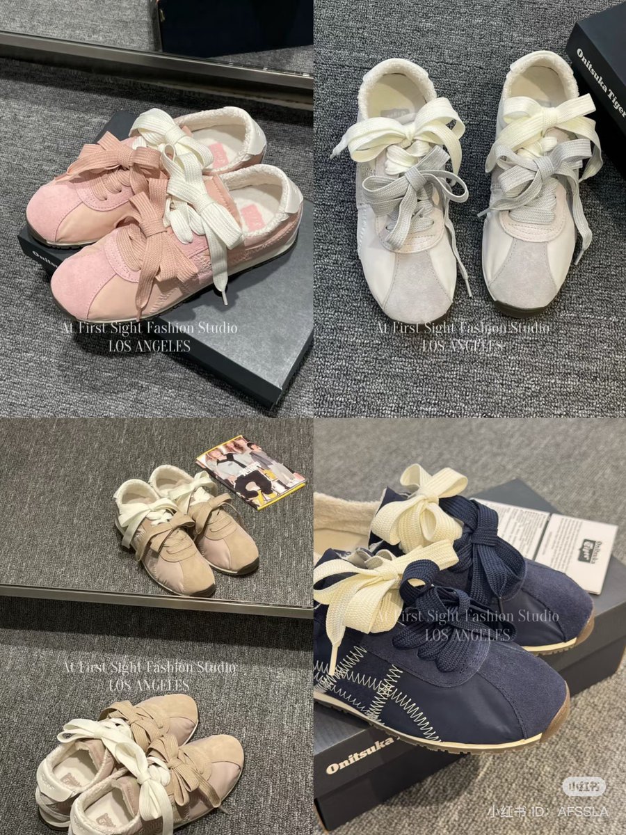 オニツカタイガーとpatouのコラボ可愛過ぎて久しぶりに靴に物欲沸いてる！！🥺✨✨✨あとコラボ関係なく靴紐のリボンアレンジも可愛すぎる🎀