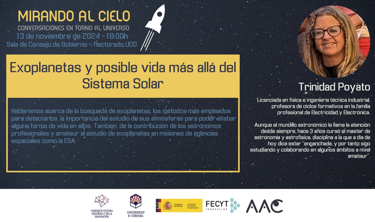 UCCi Córdoba (@cordobaciencia) on Twitter photo 🪐¡Vuelve #MirandoAlCielo!🪐el ciclo de conversaciones sobre el universo que celebramos con <a href="/Astrocordoba/">Astrocórdoba</a> y <a href="/FDescubre/">Fundación Descubre</a> dentro de nuestra #SemanaCiencia
📆Empezamos mañana miércoles 13 con Trinidad Poyato conociendo el más allá de las fronteras del Sistema Solar ☀️☀️☀️ 🪐¡Vuelve #MirandoAlCielo!🪐el ciclo de conversaciones sobre el universo que celebramos con <a href="/Astrocordoba/">Astrocórdoba</a> y <a href="/FDescubre/">Fundación Descubre</a> dentro de nuestra #SemanaCiencia
📆Empezamos mañana miércoles 13 con Trinidad Poyato conociendo el más allá de las fronteras del Sistema Solar ☀️☀️☀️