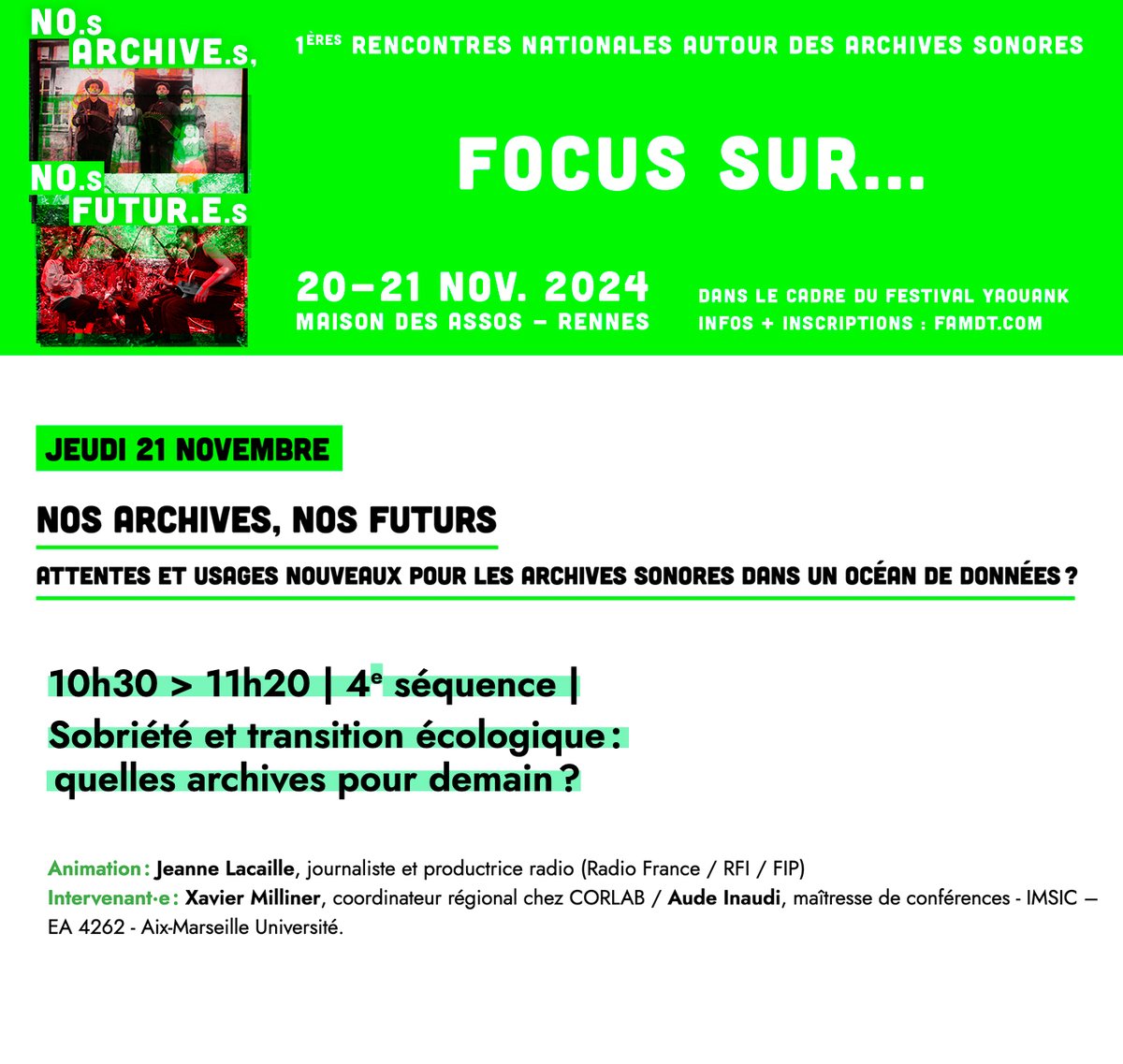 🤘[ NO.s ARCHIVE.s, NO.s FUTUR.E.s]
✦ Focus sur la 4e séquence ✦ Sobriété et transition écologique : quelles archives pour demain ? ✦
le 2️⃣1️⃣ nov. 10h30 &gt; 11h20
📌 à la <a href="/Maison/">Ma(i)son</a> des Associations de #Rennes
► Inscription : bit.ly/47S6316
#archives #archivesonores #pci
