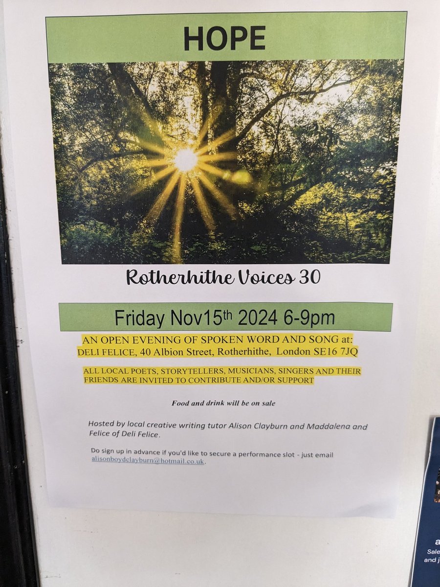 CafeDeliFelice's tweet photo. HOPE Rotherhithe voices 30th event @delifelicealbi1 #open evening of spoken words and songs. #story telling #poetry #open to all interested people #book a slot with #Creative writer and tutor #Aliso Clayburn https://t.co/Yvjb843FNy