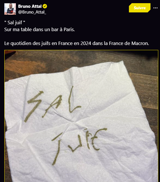 Hekapute_'s tweet photo. Une pote à moi était dans le même bar que lui et elle l'a clairement vu écrire "Sal Ju1f" sur un morceau de sopalin avant de le prendre en photo. https://t.co/E9TwhGP0fs