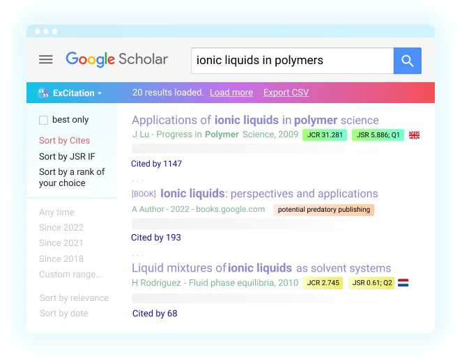 #البحث_العلمي
إضافة رهيبة لمتصفح كروم Chrome تدعى ExCITATION!
تتيح للباحثين فرز الأبحاث العلمية حسب الاستشهادات، وتصنيفها بناءً على جودة المجلات، مما يسهل تجنب المجلات المفترسة واختيار المصادر عالية الموثوقية.

جربها الآن!
excitation.tech