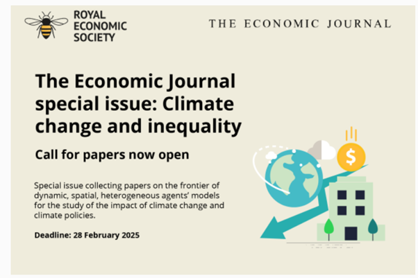The Economic Journal (@ej_res) on Twitter photo 📢CALL FOR PAPERS
<a href="/EJ_RES/">The Economic Journal</a> Special issue: Climate Change and Inequality
📅Deadline: 28 February 2025
Editor: <a href="/albertobisin/">alberto bisin</a>
➡️Learn more and submit: bit.ly/3YKS3lR
<a href="/RoyalEconSoc/">Royal Economic Society</a> @OUPEconomics #EconTwitter 📢CALL FOR PAPERS
<a href="/EJ_RES/">The Economic Journal</a> Special issue: Climate Change and Inequality
📅Deadline: 28 February 2025
Editor: <a href="/albertobisin/">alberto bisin</a>
➡️Learn more and submit: bit.ly/3YKS3lR
<a href="/RoyalEconSoc/">Royal Economic Society</a> @OUPEconomics #EconTwitter