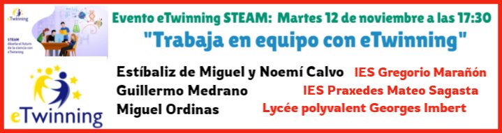 Hoy, 12 de noviembre a las 17:30 el evento #eTwinningSTEAM: "Trabajar en equipo con eTwinning"

Ponentes:
<a href="/estibaliz43/">Estíbaliz de Miguel</a> y <a href="/noemic5/">noemi calvo</a> del  <a href="/iesgm/">IES Gregorio Marañón</a>; 
<a href="/GmedranoTIC/">Guillermo Medrano</a> del <a href="/ies_sagasta/">IESSagasta</a> y Miguel del <a href="/LPO_G_Imbert/">Lycée Georges Imbert</a>

Nos vemos esta tarde en eTwinning 
🔗bit.ly/3NCxYsB