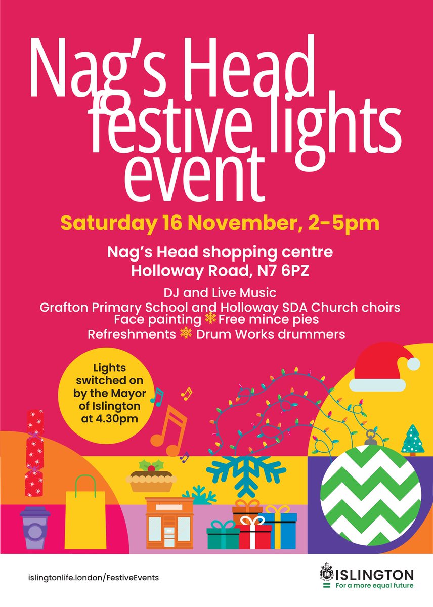 Join the festive fun  this Saturday, 16 November, from 2pm until the Mayor of Islington switches on our Christmas lights outside at 4.30pm.