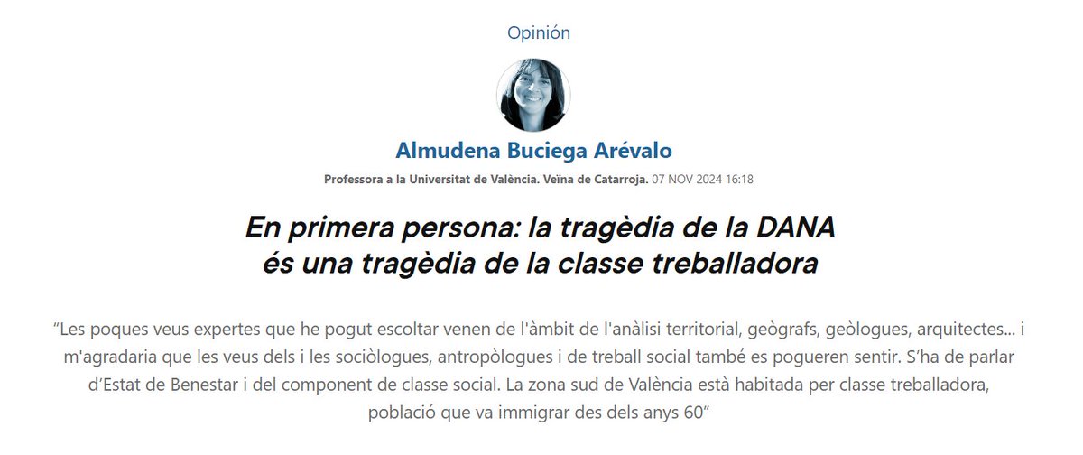 Almudena Buciega Arévalo, professora de la <a href="/UV_EG/">Universitat València</a>, associada de <a href="/AVSociologia/">AVS</a> i veïna de Catarroja, ens deixa el següent testimoni sobre la #DanaValencia a través de la nostra columna a <a href="/levante_emv/">Levante-EMV</a>.

acortar.link/3sbTSk

Moltes gràcies, Almudena.