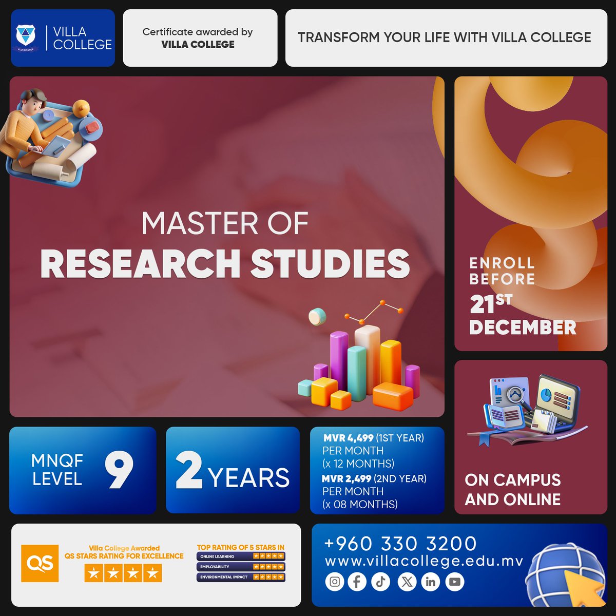 MASTER OF RESEARCH STUDIES

APPLY NOW!
myvc.villacollege.edu.mv/applicationfor…

The Masters of Research Studies is a qualifying programme for graduates from any discipline who do not have the appropriate research experience to undertake higher research degrees. It is designed for applicants who