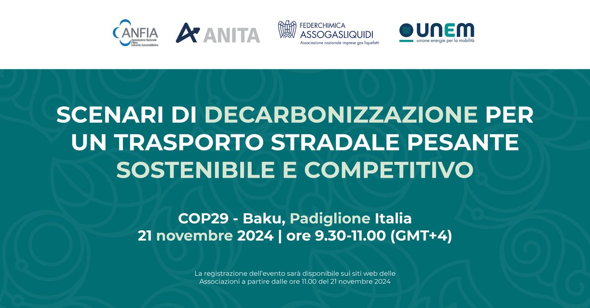 unem_it's tweet photo. “Scenari di decarbonizzazione per un trasporto stradale pesante sostenibile e competitivo” è il titolo del side-event promosso da @ANFIA_it, @AnitaAssocia, #Assogasliquidi #UNEM che si terrà il 21 novembre presso padiglione italiano COP29 a Baku.
Info ➡️ https://t.co/vyzoJx1rMW https://t.co/FTWa7bRZUo