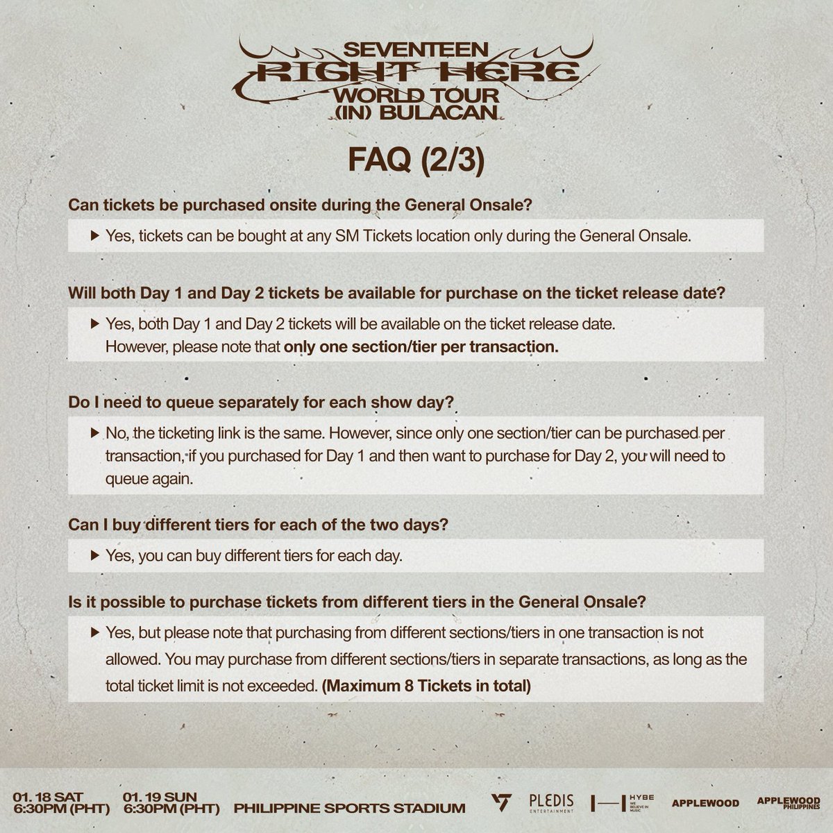 applewood_ph's tweet photo. CARATs💎 Here are more FAQs to help answer your questions! We hope they’re helpful! 😉
We welcome more questions and opinions, and we’ll do our best to stay with you💪🏻
1 more day until CARAT MEMBERSHIP PRESALE! Are you all ready?!🔥

SEVENTEEN [RIGHT HERE] WORLD TOUR IN BULACAN
📅 2025. 01. 18 (SAT) 6:30PM PHT & 19 (SUN) 6:30PM PHT
📍 PHILIPPINE SPORTS STADIUM

▶ CARAT MEMBERSHIP PRESALE : 2024/11/13(WED) 12PM PHT ~ 2024/11/13(WED) 11:59PM PHT
▶ UnionBank Presale : 2024/11/14(THU) 12PM PHT ~ 2024/11/14 11:59PM PHT
▶ General Onsale : 2024/11/15(FRI) 12PM PHT onwards
▶ Ticketing Site : https://t.co/XEScXQQviP

#세븐틴 #SEVENTEEN
#SVT_RIGHT_HERE_WORLDTOUR
#SVT_RIGHT_HERE_IN_ASIA
#SVT_RIGHT_HERE_IN_BULACAN
#APPLEWOOD #APPLEWOODPH