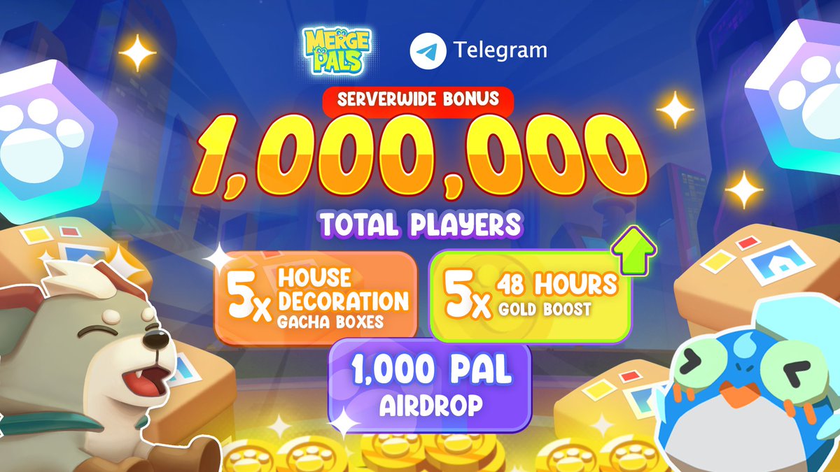 🚨 Attention, Merge Pals! 🚨

We’re closing in on 1 MILLION players and have a BIG rewards ready—but only for the first 1 MILLION! 🔥

Every player—yes, every single one of you—who joins before 1 million will get:

🎁 5x House Decoration Gacha Boxes
🪙 5x 48-hour GOLD Boost
🐾