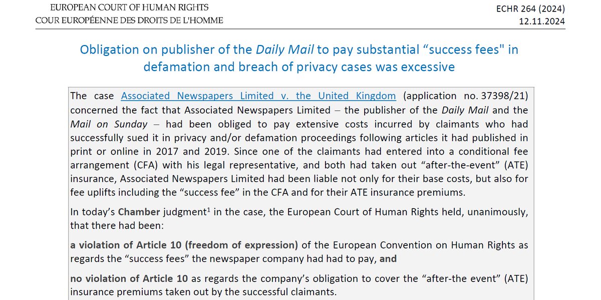 Obliging the publisher of the Daily Mail to pay substantial “success fees" in defamation and breach of privacy cases was excessive, rules the European Court of #HumanRights👇

🔗 hudoc.echr.coe.int/eng-press?i=00…

#FreeSpeech #ECHR #OurRightsAndFreedoms