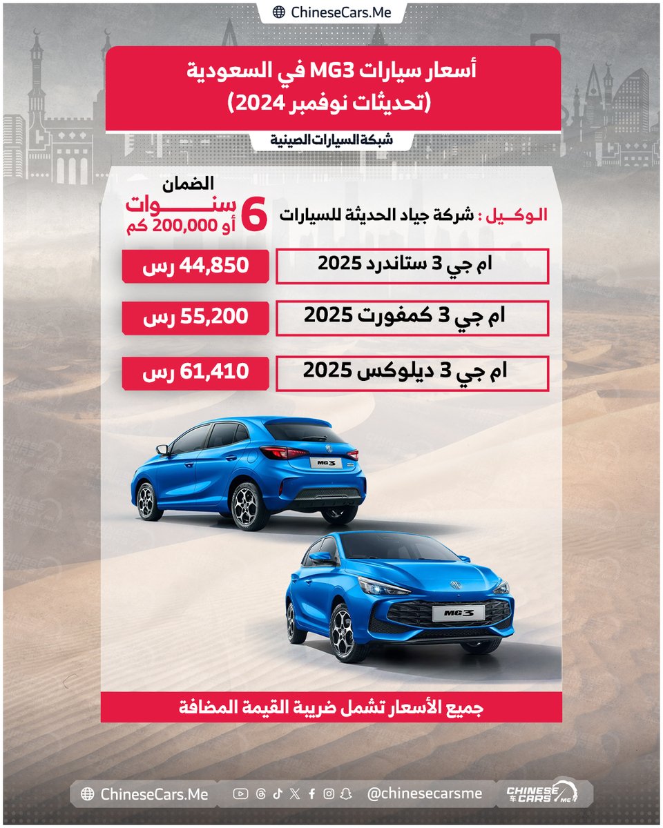 ChineseCarsME's tweet image. تعرف على أسعار سيارة ام جي 3 الجديدة 2025 في السعودية
وكيلها شركة جياد الحديثة للسيارات - الناغي

تتوفر بثلاث فئات تبدأ اسعارها من 44,850 رس شامل الضريبة
ضمان 6 سنوات أو 200 ألف كم

تعرف على تفاصيلها من خلال شبكتنا

#شبكة_السيارات_الصينية
#MG3