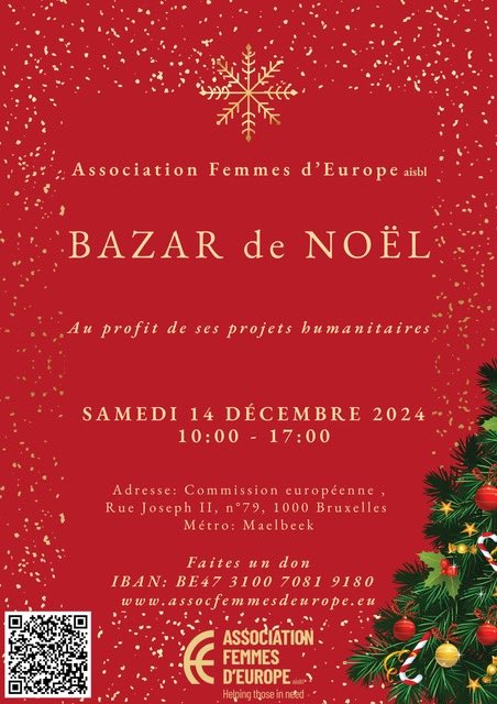 The Association Femmes d’Europe has organised two top Christmas events for 2024: their brilliant annual Christmas Bazaar on Saturday 14 December and a Christmas Charity concert on Thursday 19 December.
 
More information here: bit.ly/48NcLpR