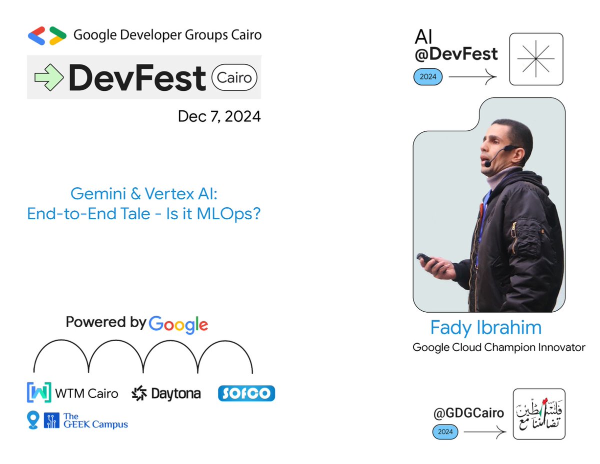 GDGCairo's tweet photo. Get ready to shape the future of AI!
Join us at DevFest Cairo '24 as we explore #Responsible_AI.
We're thrilled to announce our next speaker
👨💻 Fady Ibrahim
Fady is a Google Cloud Champion Innovator and Google Cloud Authorized Trainer with seven Google Cloud certifications https://t.co/DgftdfWBcE