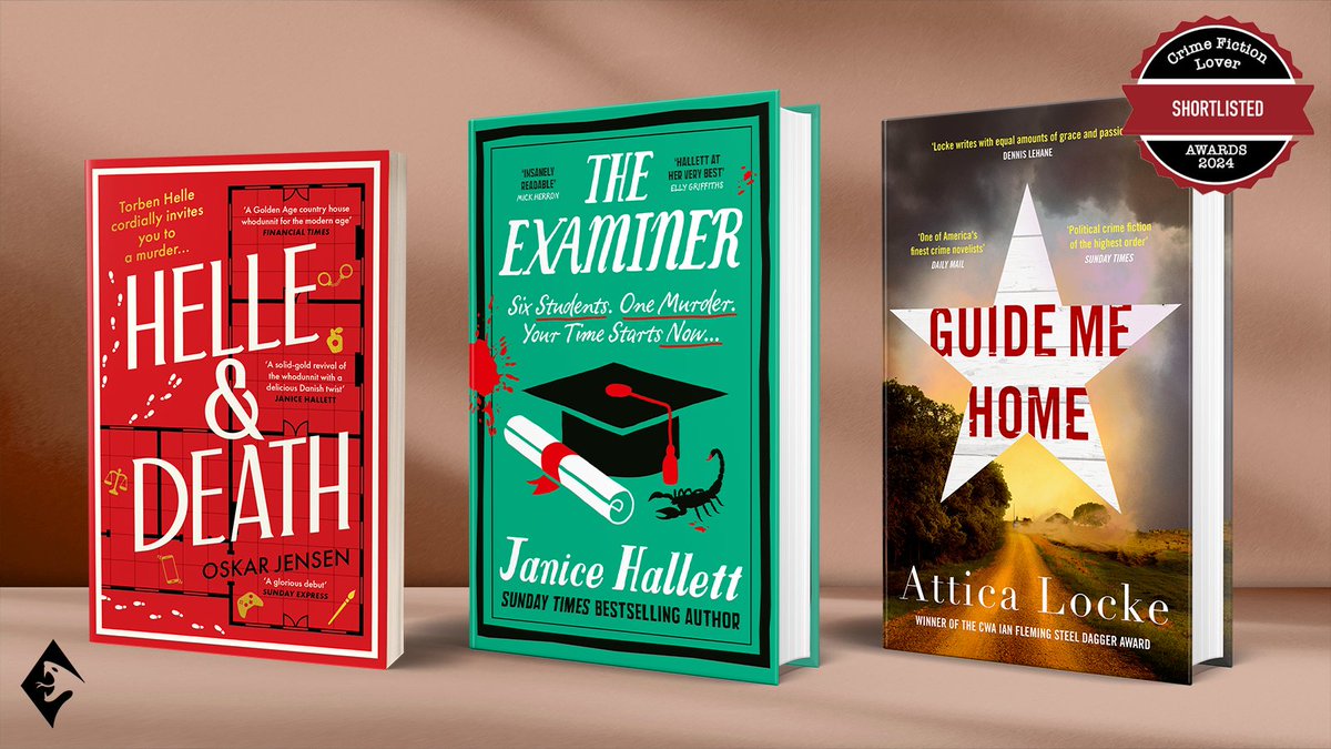 We are THRILLED that to have three books on this year's Crime Fiction Lover awards shortlist 🎉

Best Crime Novel: 
#TheExaminer by Janice Hallett
#GuideMeHome by Attica Locke 

Best Crime debut: 
#HelleAndDeath by Oskar Jensen

Vote in the awards 🗳️ crimefictionlover.com/2024/11/the-cr…