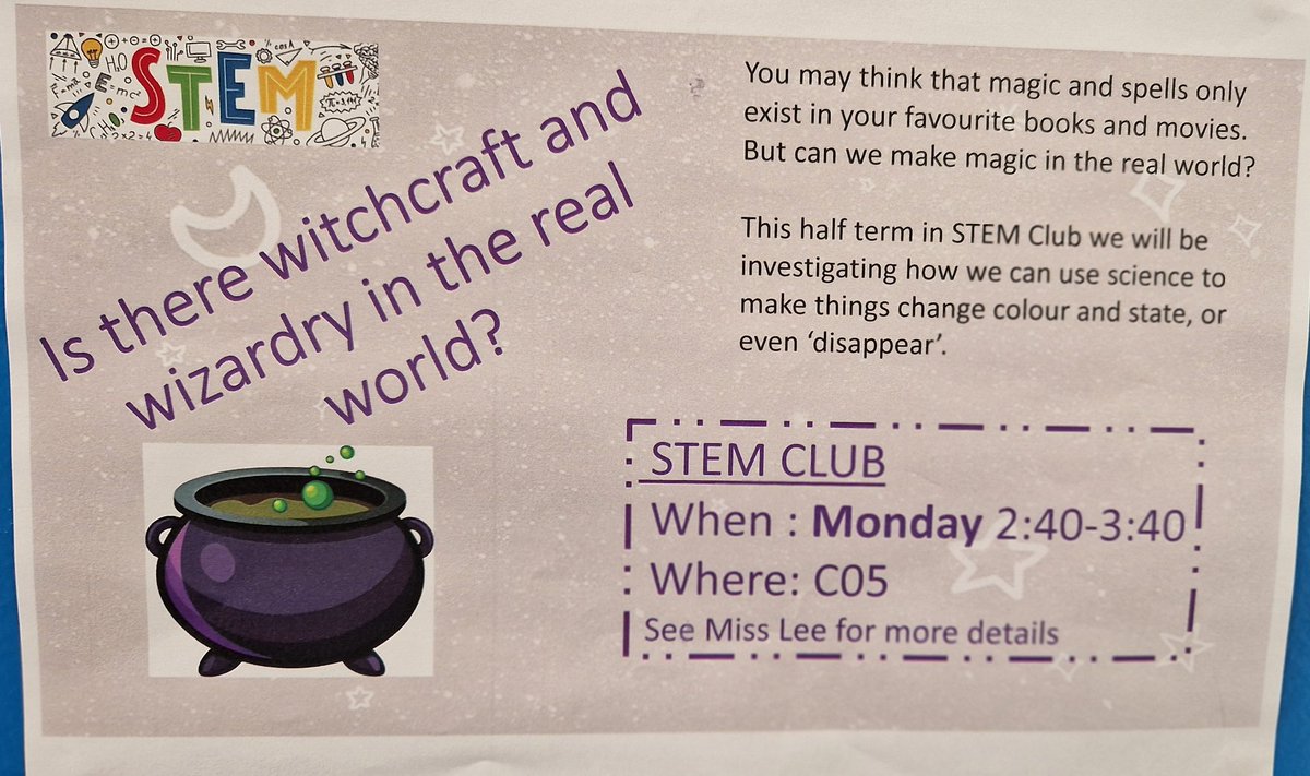 bedwashighsci's tweet photo. Ever wondered if there is witchcraft and wizardry in the real world?? 🧙‍♀️ 🪄 
Come along to our STEM Club every Monday after school in C05 with Miss Lee to find out! 🧬🔬🧪🧫🩻💡📚🥽🥼 https://t.co/G0egkuwkEc