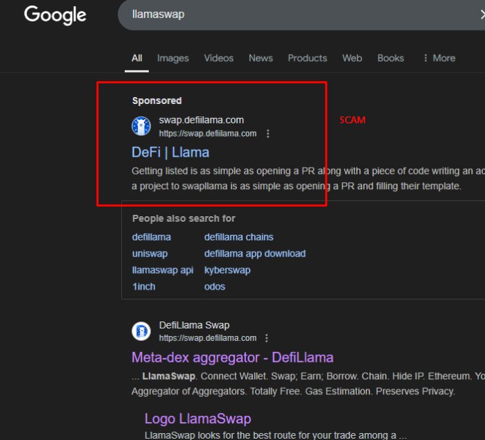 Please don't search llamaswap on google, instead go through defillama's website or bookmark it

there are scam ads for phishing websites on google, we've already reported them but still up
