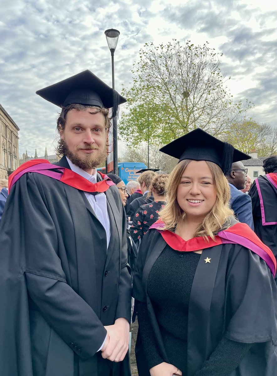 Huge congratulations to Charli and Mark who graduated from their MAs today!! 🥂🍾🥂 👨🏻‍🎓👩🏼‍🎓 Both studied on the MA by Negotiated Studies course on which students work with supervisors appropriate to their chosen topic - #EnglishLit &amp; #CreativeWriting for these two! 📚 📝