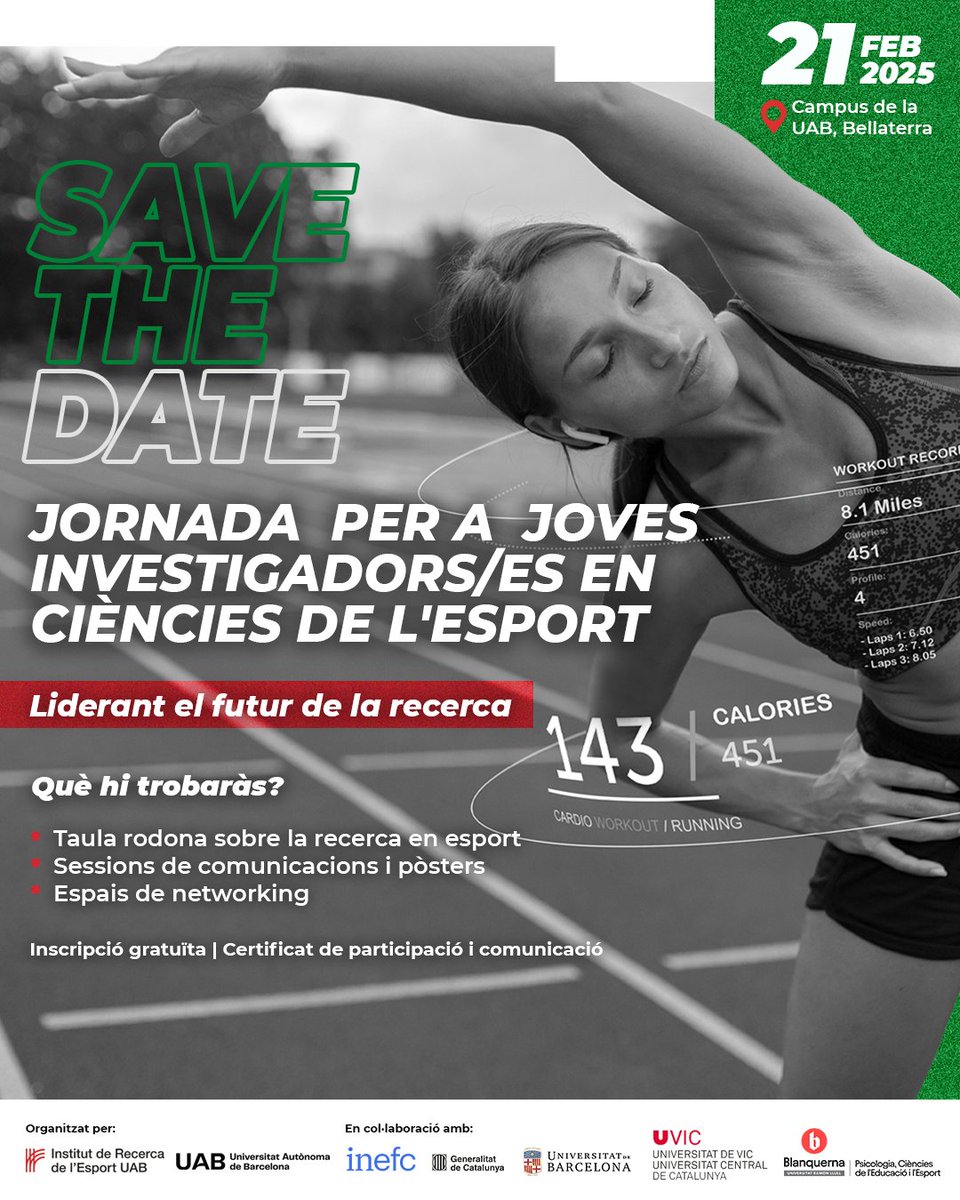 🗓️SAVE THE DATE - 21/02/2025
Jornada per a joves investigadors/es en Ciències de l'Esport

Estàs fent el teu #doctorat o #màster en ciències de l'#activitatfísica, #educaciófísica o #esport? 

Aquesta jornada està pensada per a tu! 
T'animes? 

En breu.... Call for papers
