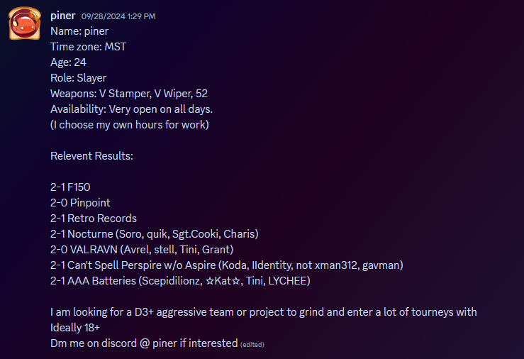 Saw there was some talk about teams lately, so here's my FA post. Looking for d3+ trying to push further.