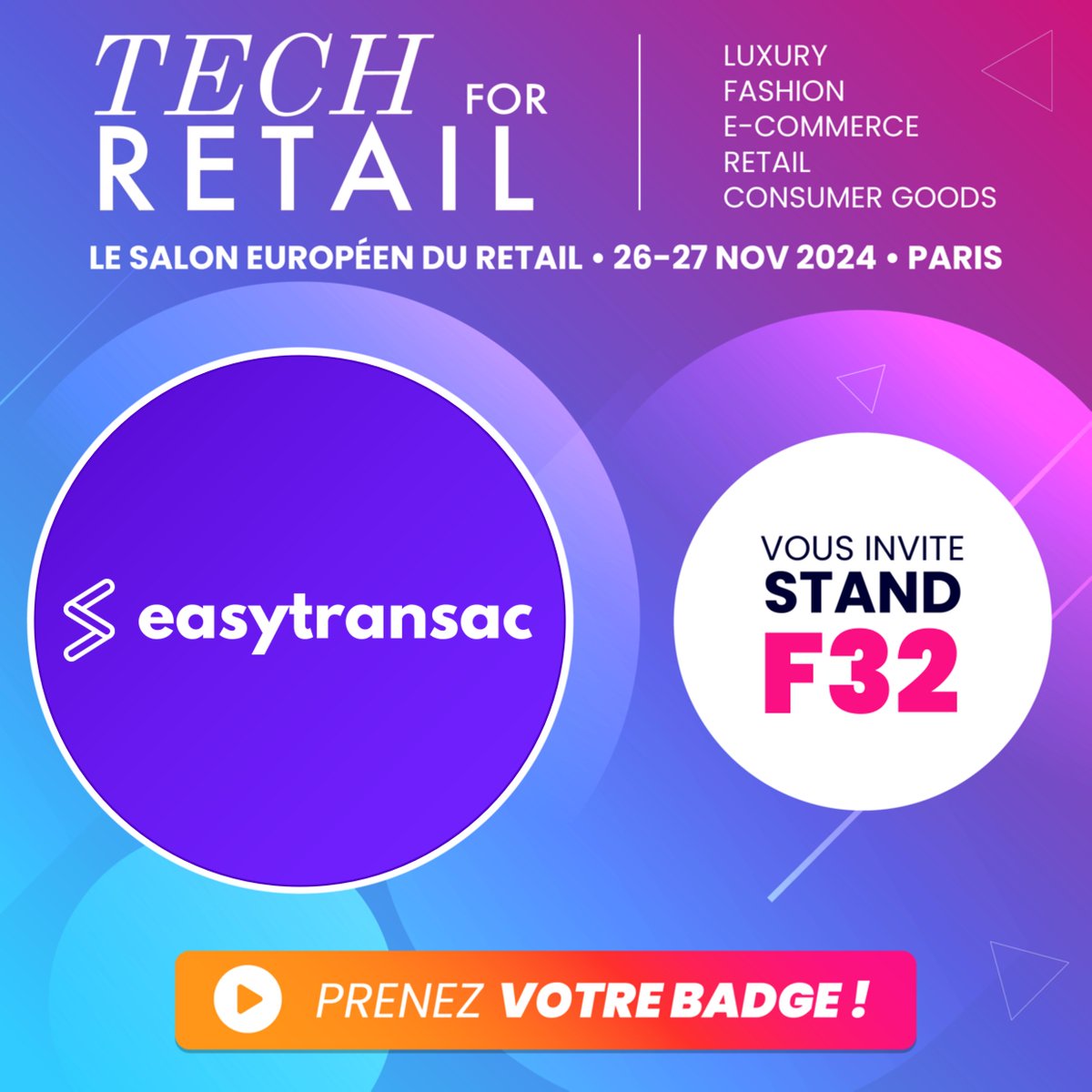 🚀 Easytransac au Tech for Retail 2024 !
Rejoignez-nous les 26 &amp; 27 novembre prochains à Paris pour le Tech for Retail 2024, l’événement incontournable rassemblant les grands acteurs du retail. 
#TechForRetail #Ecommerce #Paiement #Innovation #easytransac