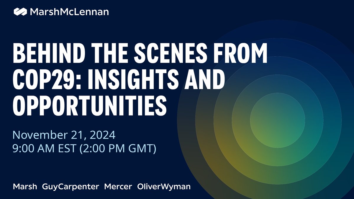 Join us Nov 21 to hear insights and examples from our time on the ground at #COP29, specifically around financing the transition, and the important role that large corporates play in advancing #climate adaptation. bit.ly/40IAx4b #RiskManagement