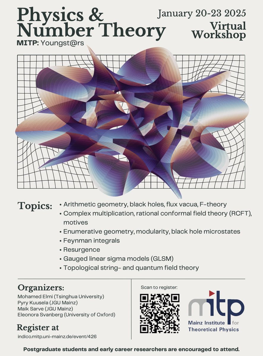 EleonoraSberg's tweet image. Very proud of my first workshop poster &lt;3 also my first time co-organising a workshop!!
free and virtual!
please register if you're interested in the connection between number theory and physics (it's very cool and pretty i promise!):
indico.mitp.uni-mainz.de/event/426/over…