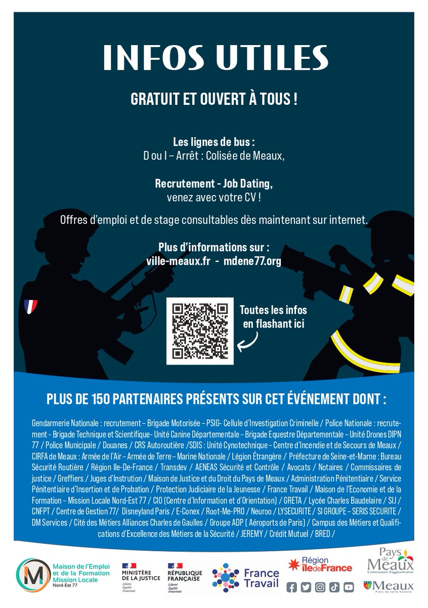📢 Rejoignez-nous au Forum sécurité, justice et défense à Meaux, vendredi 15 novembre ! 🎯 
✅ Au programme :
PSIG Meaux : interventions dynamiques 🛡️
BMo Meaux : sécurité routière 🚨
CIC : immersion scène de crime 🔍 
Entrée gratuite. Ne manquez pas cette opportunité ! 🚓