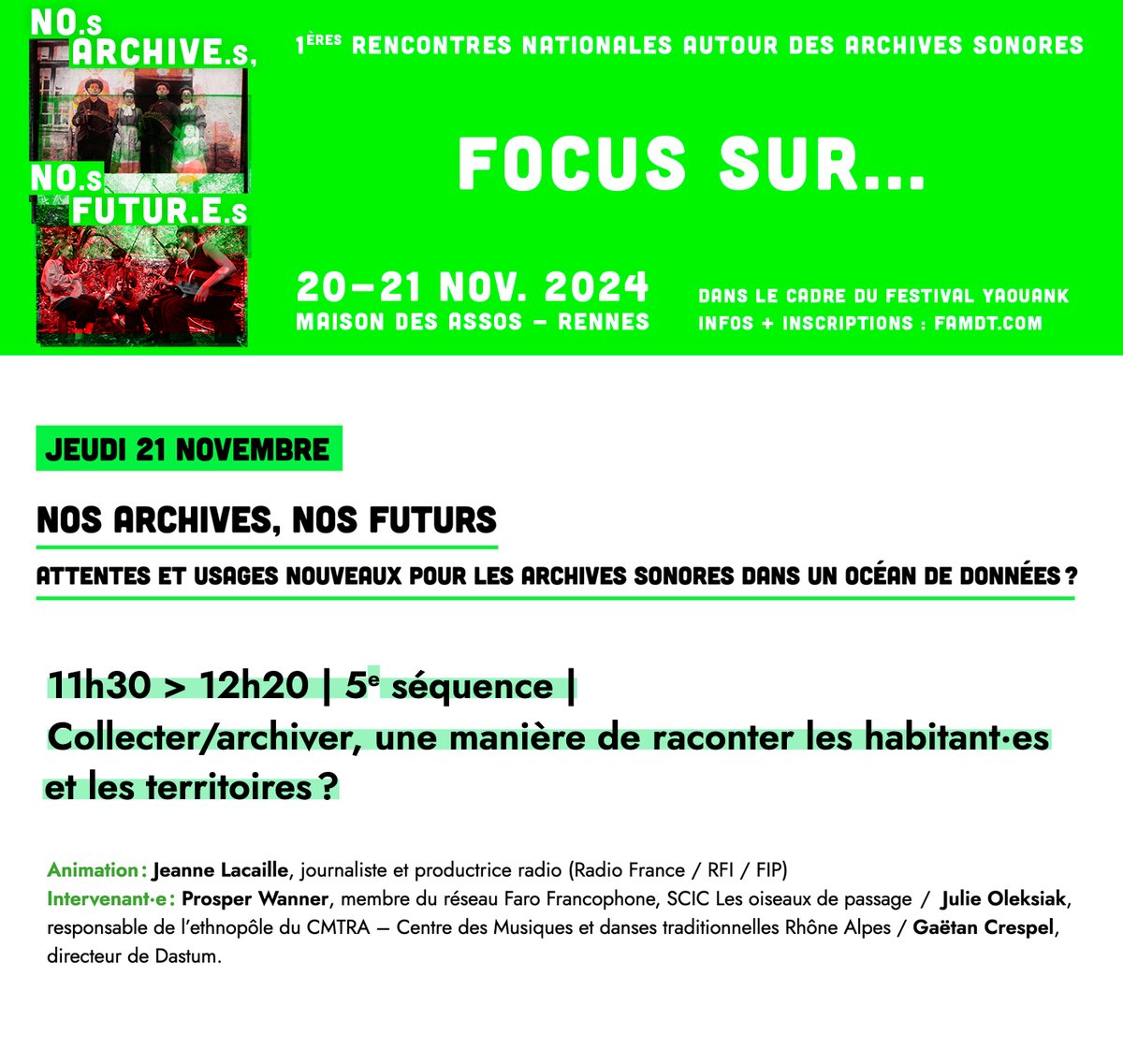 🤘[ NO.s ARCHIVE.s, NO.s FUTUR.E.s]
✦ Focus sur la 5e séquence ✦ Collecter/archiver, une manière de raconter les habitant·es et les territoires ? ✦
le 2️⃣1️⃣ nov. • 11h30 &gt; 12h20
📌 à la Maison des Associations de #Rennes
► Inscription : bit.ly/47S6316
#archivesonores