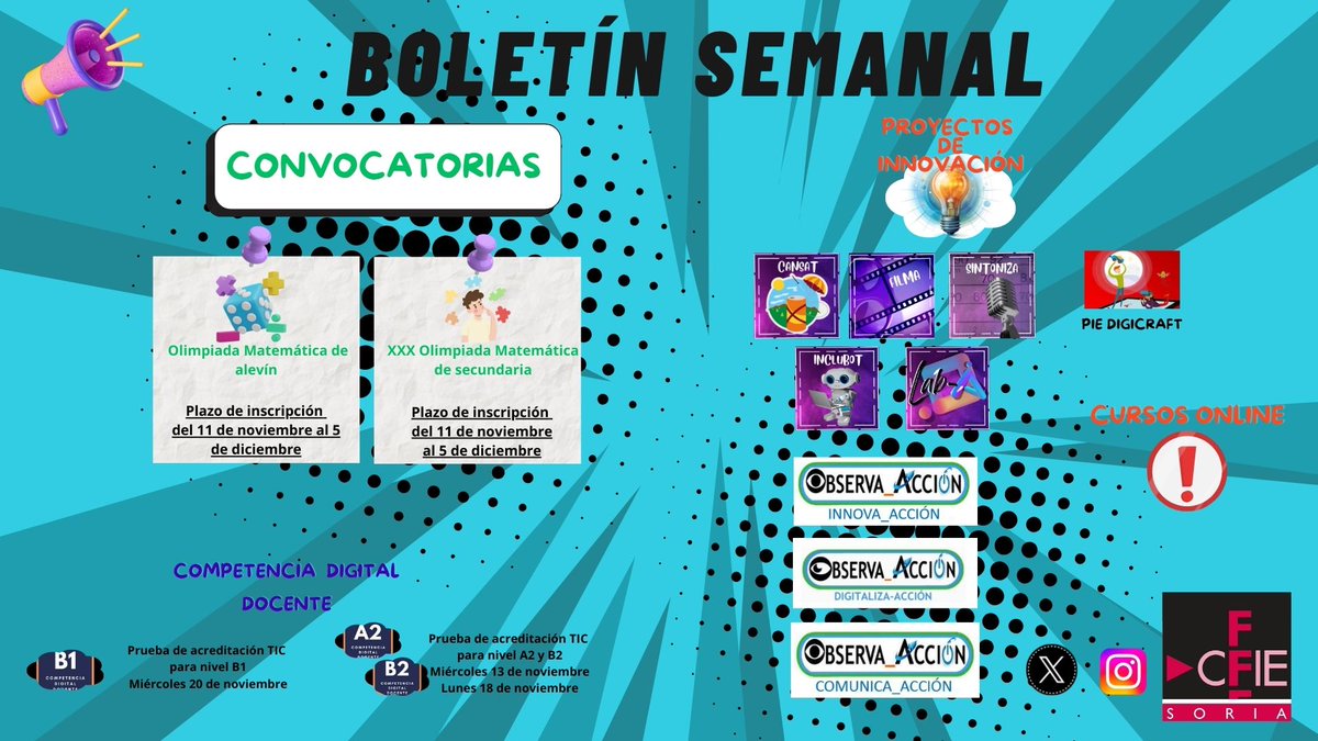 CFIEdeSoria's tweet photo. 📢 ¡Ya está aquí nuestro boletín semanal! ���
✨ Echa un vistazo a toda la formación de interés.¡No te lo pierdas! 🌟
#FormaciónDocente #CFIESoria #Educación #FormaciónCyL https://t.co/smPs8Hyd9e