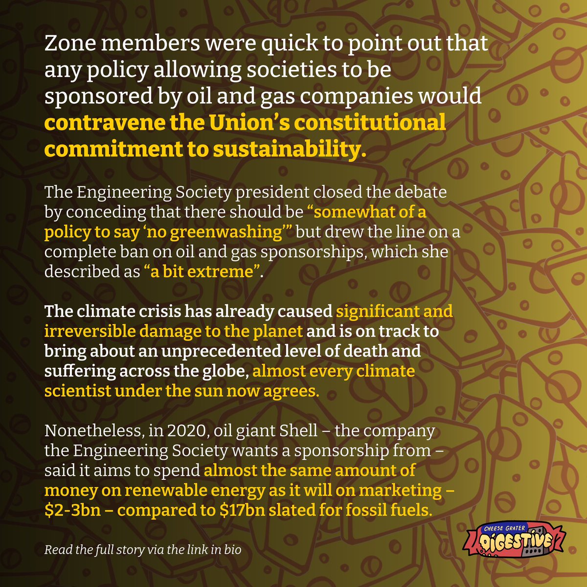 Despite accusations of greenwashing, the UCL Engineering Society have continued to lobby <a href="/TheUnionUCL/">Students' Union UCL</a> to allow fossil fuel sponsorship at the most recent Activities Zone meeting, writes Andrea Bidnic and Angelina Bone 

⬇️ Read the full story here 

cheesegratermagazine.org/2024/11/11/no-…