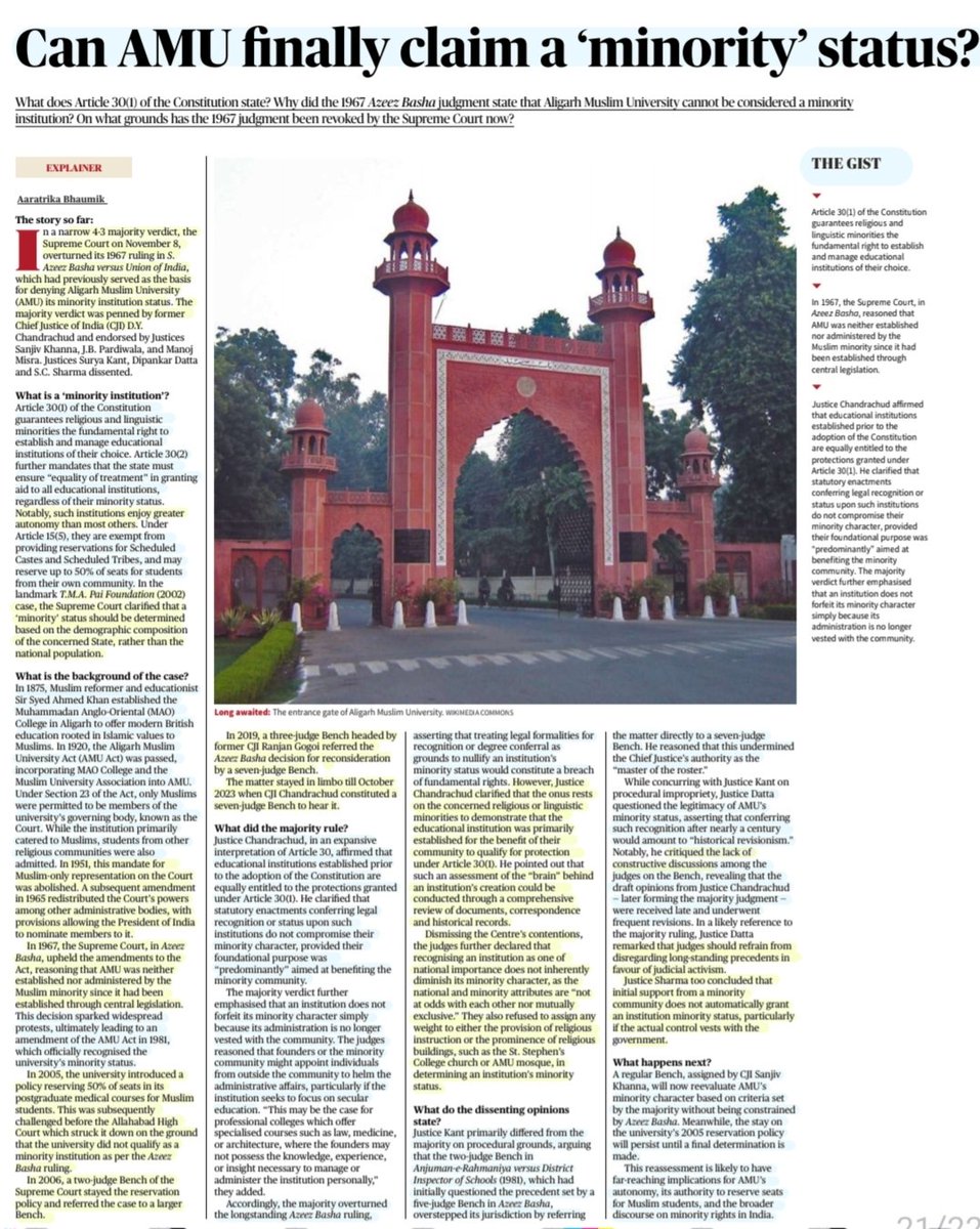 imRavikantYadav's tweet image. 'Can AMU finally claim a 'Minority ' status?'

:Explained by Ms Aaratrika Bhaumik
@Aaratrika_11 

#AligarhMuslimUniversity
#AMU #MinorityStatus
#Minority #Religion #language
#Educational #Institution 
#SupremeCourtofIndia #Constitution #Article30
#FundamentalRights
#Law

#UPSC