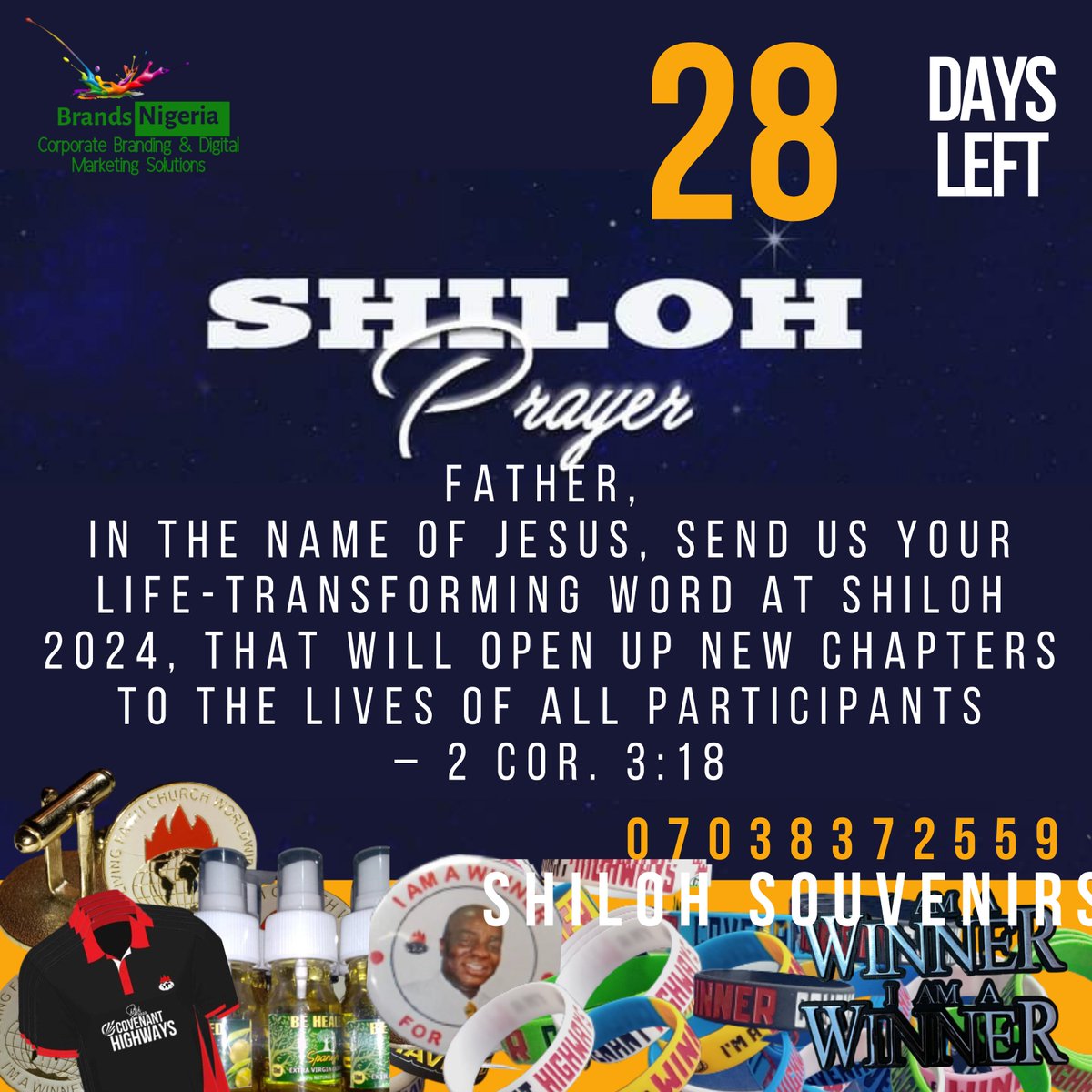 ChurchDigest's tweet image. We are 28days to #Shiloh2024
As we prepare, take 5 minutes to pray this:

Father, in the name of Jesus, send us your life-transforming word at Shiloh 2024, that will open up new chapters to the lives of all participants – 2 Cor. 3:18

#Shiloh #Shiloh2024 #WinnersChapel
