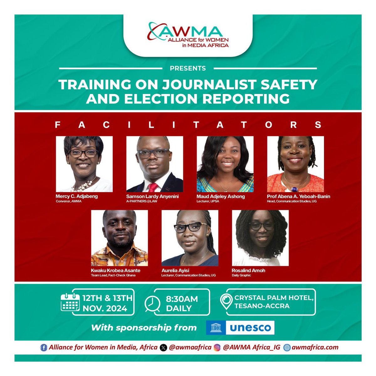 awmaafrica's tweet photo. The Alliance for Women in Media Africa (AWMA) presents a crucial 2-day training program on Journalist Safety and Election Reporting. Perfect timing for media professionals preparing for upcoming coverage
🔗 @awmaafrica
📱 @AWMA Africa_IG
#JournalistSafety #ElectionReporting #AWMA https://t.co/kDvafVng1u