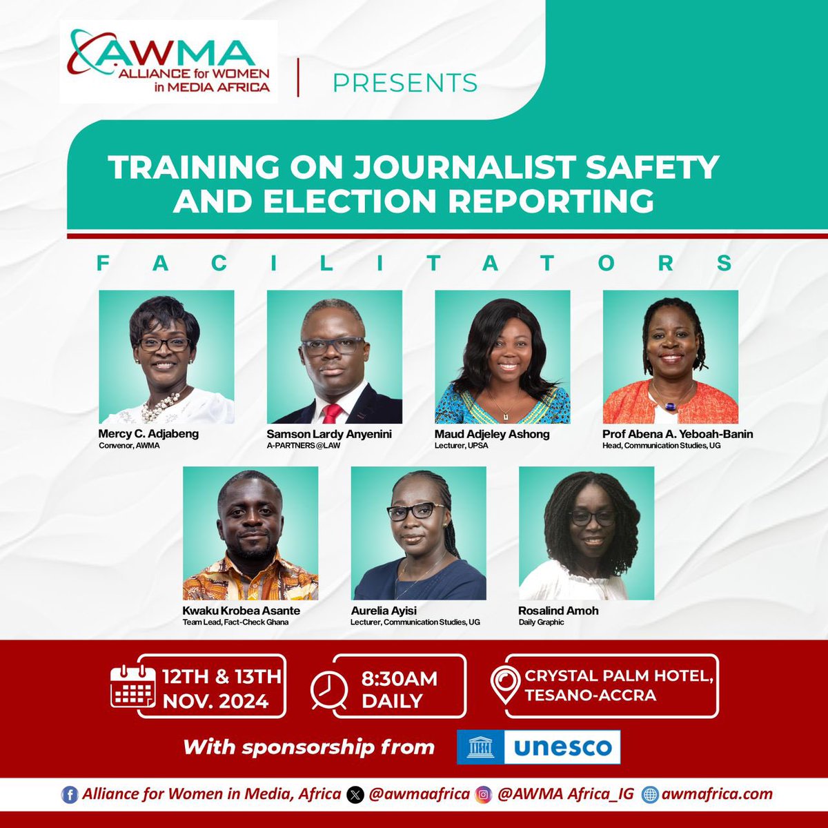 awmaafrica's tweet photo. The Alliance for Women in Media Africa (AWMA) presents a crucial 2-day training program on Journalist Safety and Election Reporting. Perfect timing for media professionals preparing for upcoming coverage
🔗 @awmaafrica
📱 @AWMA Africa_IG
#JournalistSafety #ElectionReporting #AWMA https://t.co/kDvafVng1u